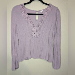 Self Esteem Long Sleeve V Neck Crop Top with Lace accent Lilac Junior Size Large